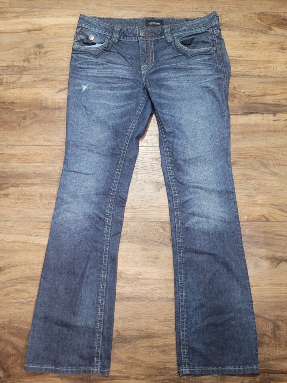 MEK Denim  Jeans Women's Size 31x34 Dark Wash Button Flap Stretch Boot Cut